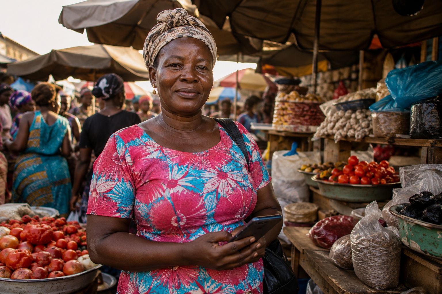 Market trader with her phone at a bustling Accra market stall